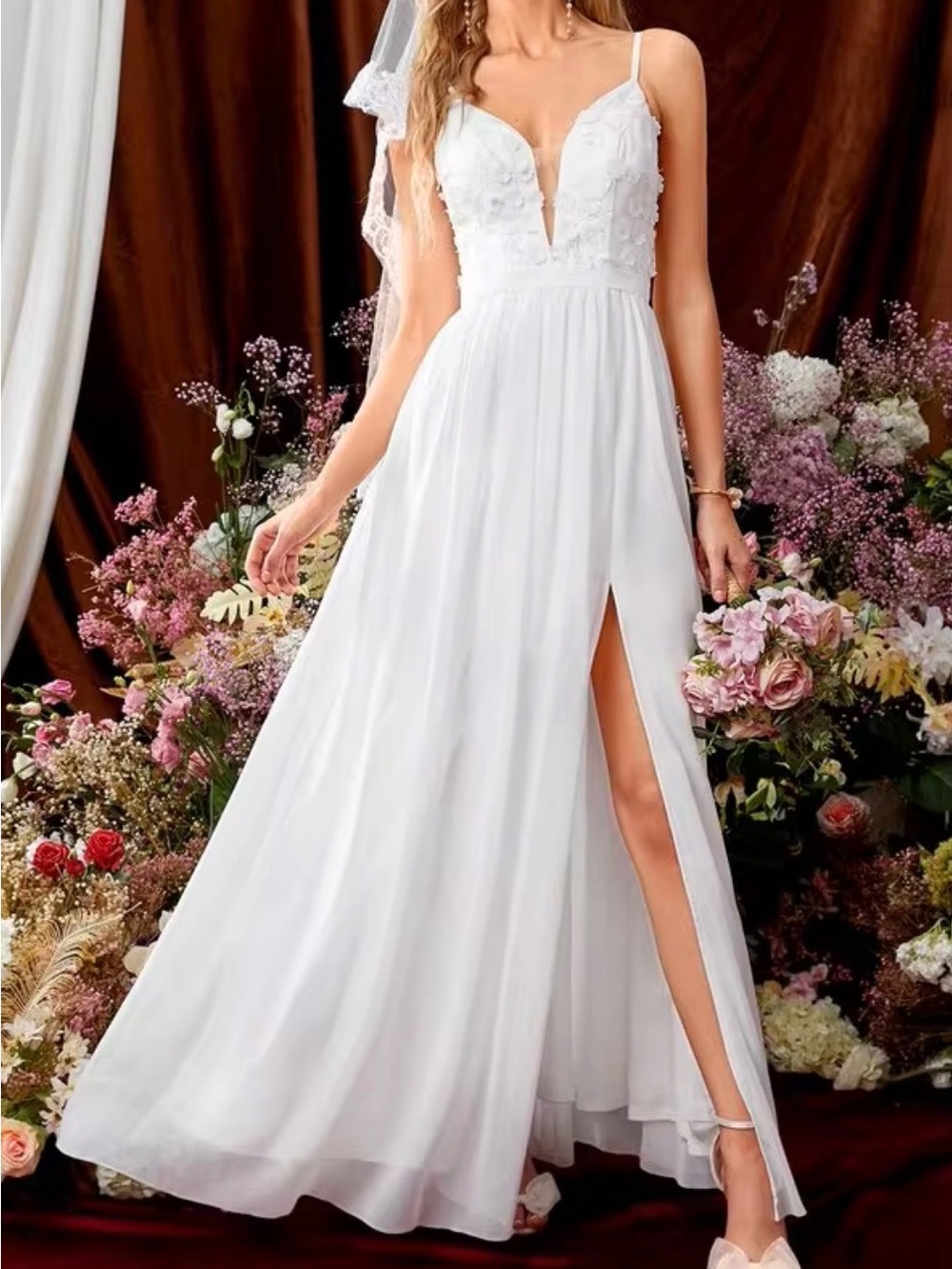 Elegant White Spaghetti-Strap Bridal Gown with Front Slit
